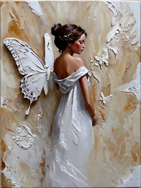 A butterfly，Color portrait，vanilla，bright，White acrylic plaster background，real，emotion，Thick textured paint, 