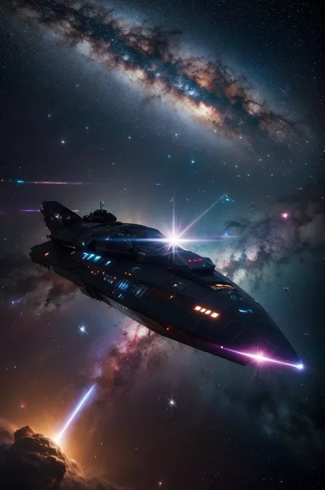 a spacebattle ship floating in front of a nebula, masterpiece, best, photo realistic