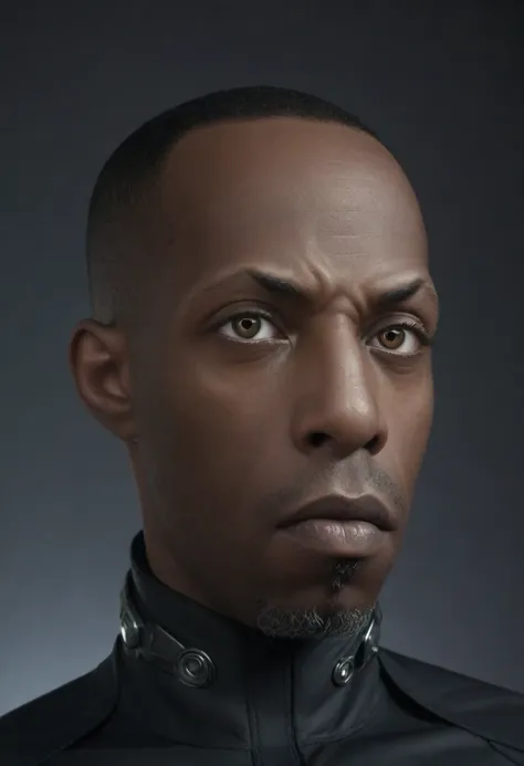 cinematic closeup front facing portrait of shawt a black man as a cyborg from dc comics, highly detailed cybernetic face, glowing cybernetic eyes, intricate mechanical parts, metallic skin, complex circuitry, futuristic design, dark moody lighting, dramati...