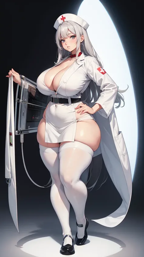 ((blank background)), masterpiece, best quality, silver hair, (big breast:1), ((full body framing)), symmetry, nurse woman, nurse uniform, nurse cap, long pants, ((curvy)), wide hips, ((thick thighs)), only white, all white, belt below navel, ((lab coat))