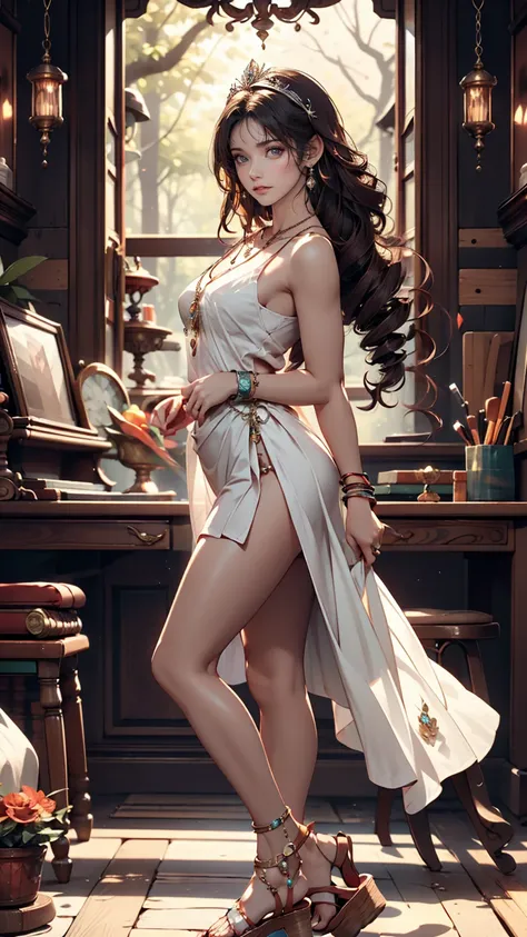 background, Fantasy, wonderful, Fantasy, forest、24-year-old female、Sexy proportions、Sexy、Narrow waist、Wear jewellery on your wrist、Attach a necklace、Wear platform sandals、Side Tail((side drill))、Crystal Earrings((crystal earrings))、A seductive smile((seduc...