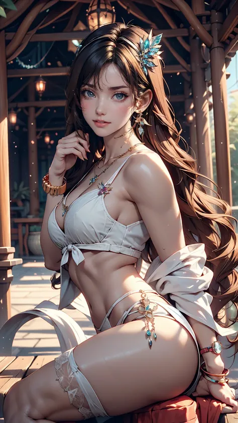 background, Fantasy, wonderful, Fantasy, forest、24-year-old female、Sexy proportions、Sexy、Narrow waist、Wear jewellery on your wrist、Attach a necklace、Wear platform sandals、Side Tail((side drill))、Crystal Earrings((crystal earrings))、A seductive smile((seduc...