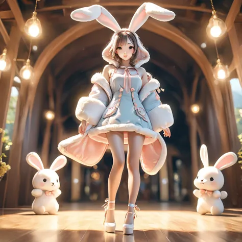 a woman wearing a furry bunny costume，wearing big bunny ears, full-body shot, wide angle, lovely又充满童真表情, professional portraits,...