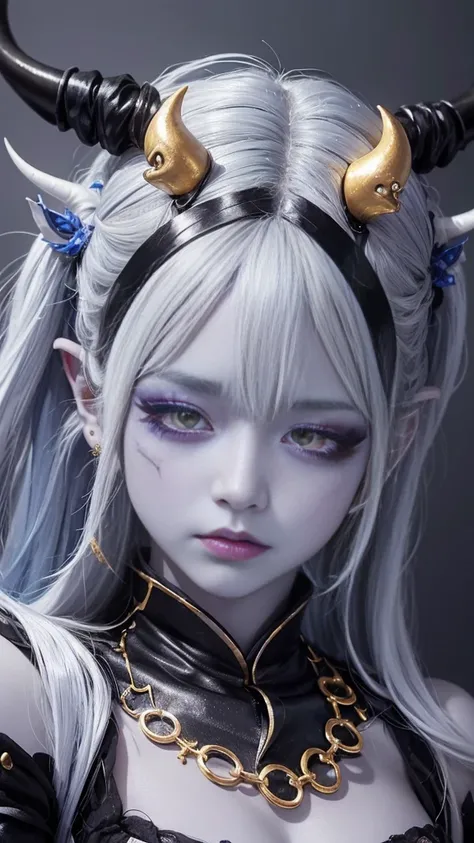 1woman, blue skin, colored skin,lumpy spiked skin,demon girl, black horns,long hair, silver hair, golden eyes,black jewel on center of chest, armor with protrusions, (jirai kei makeup:1.5)