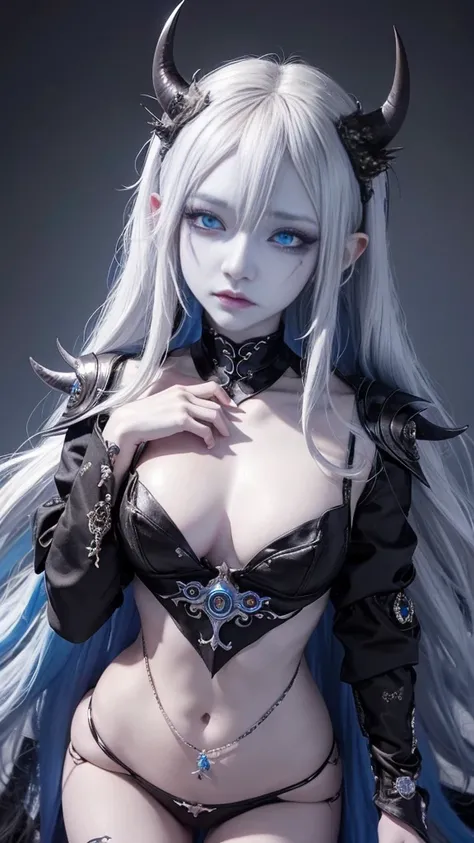 1woman, blue skin, colored skin,lumpy spiked skin,demon girl, black horns,long hair, silver hair, golden eyes,black jewel on center of chest, armor with protrusions, (jirai kei makeup:1.5)