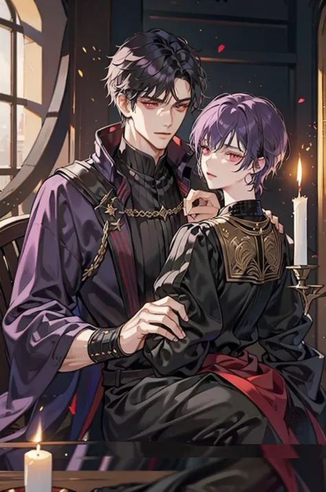 1 male, adult, tall and lean,  handsome, short purple hair, dark red eyes, condescending, bad boy, a prince dressed in black with gold embroidery, medieval, fantasy, close up, candles and black magic