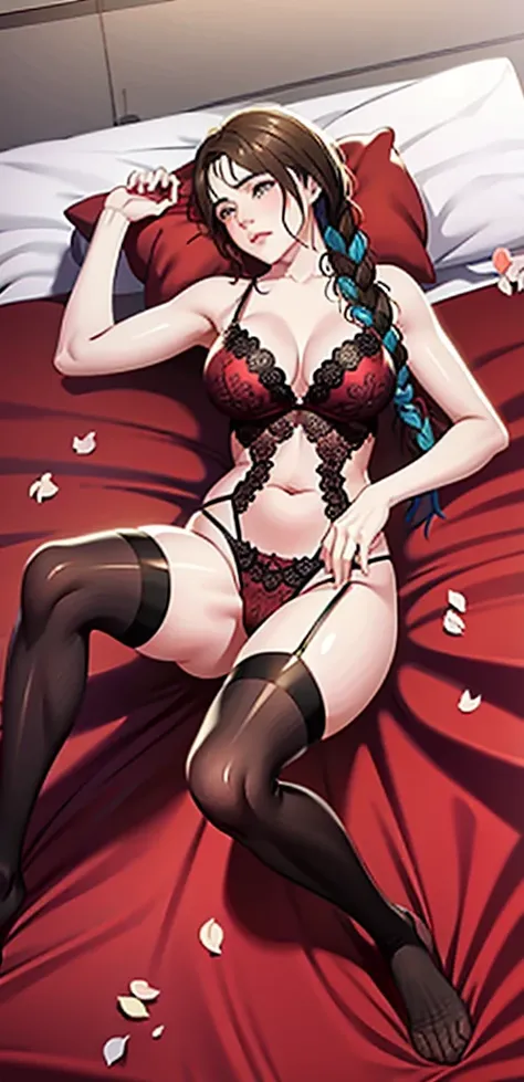 a woman laying on top of a bed covered in petals, thighhighs, long hair, single braid hair, top rated on pixiv, realistic mature female, lingerie, laying on a bed