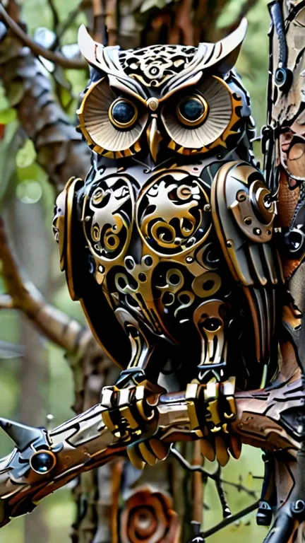 An amazingly detailed mechanical steampunk owl、Perched gracefully on a gnarled tree branch。, His piercing gaze is directed directly at the viewer.. The creatures&#39; eyes are intricately painted, It captures the mysterious glow of a dark nebula flickering...