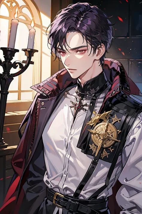 1 male, adult, tall and lean,  handsome, short purple hair, dark red eyes, condescending, bad boy, a prince dressed in black with gold embroidery, medieval, fantasy, close up, candles and black magic