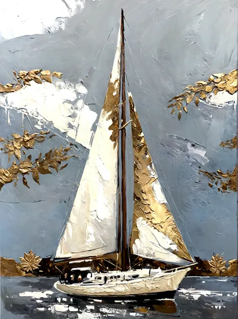 sailboat，Gold Leaf，vanilla，bright，White background，real，emotion，Thick textured paint, 