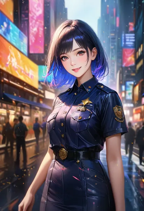 roads in the city, clear sky, policewoman, blur the background,smile,glitter effect,highest quality, 8k, high resolution, master...