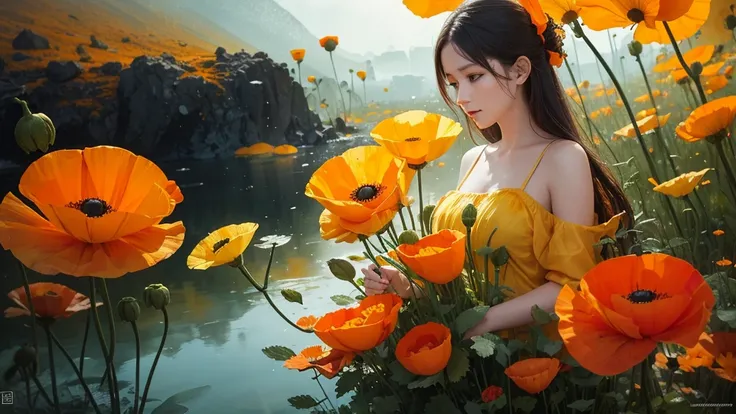 32k, Masterpiece, Highest quality, One girl, Detailed eyes, flower,Iceland Poppy, Orange and yellow style,A dreamy, romantic piece,Pale yellow, Mysterious Leaves,A playful arrangement,Fantasy,High Contrast,Ink strokes,explosion,Exposure, Impression of oran...