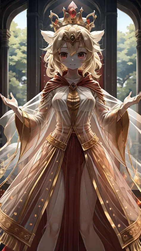 queen，innocent expression，innocent smile，crown，redcloak，blonde， red，redcloak，cloak，transparent skirt，transparent textured skirt，...