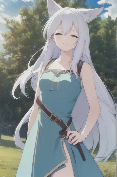 shieldAtlas, Atlas, long hair, bang, animal ears, very long hair, (closed eyes:1.5), Hair, White hair, multicolored hair, twin Hairs, smile,
BREAK dress, clavicle, White dress, A green dress, multi-colored dress,
BREAK outdoors, the forest, nature, Sun, sk...