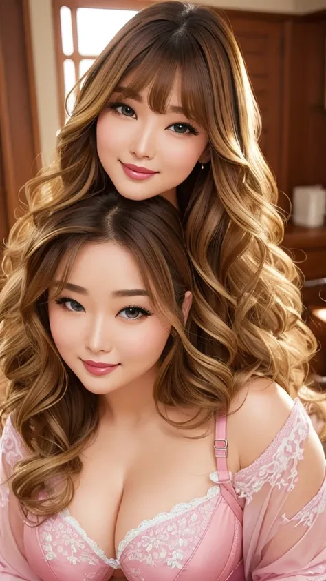 beauty, mystical eyes、big 、super sexy、pale skin、shiny hair、super long hair、loose and fluffy perm、close to blonde、are fat、fat、smi...