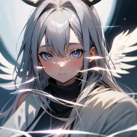 Gray Hair　Lots of decorations in the hair、God Aura、
Angel Halo、wing、from the front、High-resolution head-to-shoulders face zoom