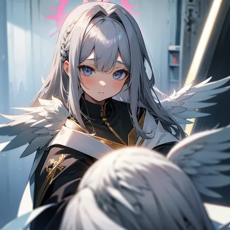 Gray Hair　Lots of decorations in the hair、God Aura、
Angel Halo、wing、from the front、High-resolution head-to-shoulders face zoom