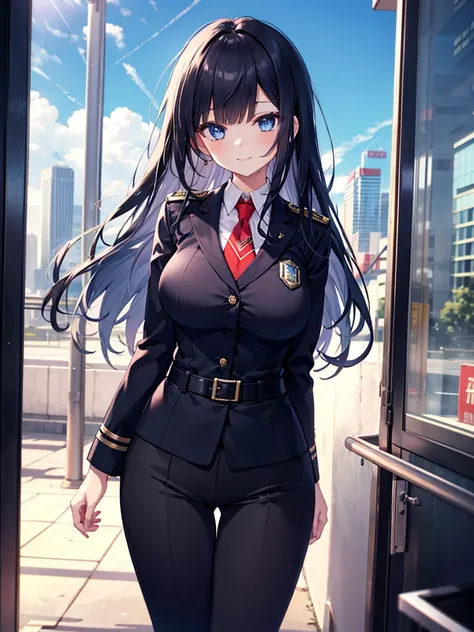 transparent,off-shoulder_sweater,1girl,slender,hime cut,straight_hair,black hair,side_blunt_bangs,blue eyes,symbol_in_eye,medium breasts,narrow_waist,huge filesize,smile,panorama,police_uniform,business_suit,