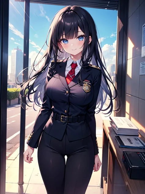 transparent,off-shoulder_sweater,1girl,slender,hime cut,straight_hair,black hair,side_blunt_bangs,blue eyes,symbol_in_eye,medium breasts,narrow_waist,huge filesize,smile,panorama,police_uniform,business_suit,