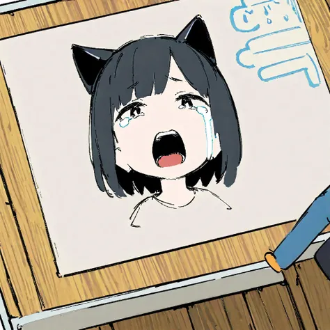 (Thick painting style),Bold line, ((masterpiece,)),(((Highest quality))),(sketch),(((Whiteboard,top angle view))),(Crying face,A girl in her twenties praying, Mouth wide open),Short black hair,Black cat ears,T-Shirts,jeans,(((Character Portrait,Full Art)))...