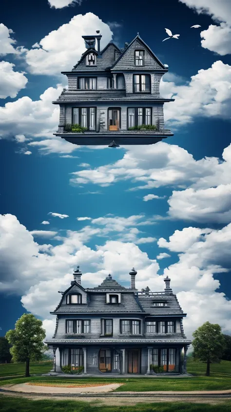 surrealism, house without doors, hill, roof made of clouds, silver fish in the windows, old clock in front of the house,