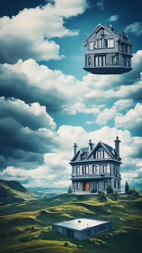 surrealism, house without doors, hill, roof made of clouds, silver fish in the windows, old clock in front of the house,