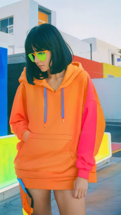 1 girl, beautiful, ultra high resolution,UHD,black bob hair, almond eye, no makeup, wear ((oversized orange hoodie)), ((oversize_hoodie)), peach tennis skirt, in front of ((80s mondrian (red,blue,yellow,green color neon signs, neon paint) architecture Mote...