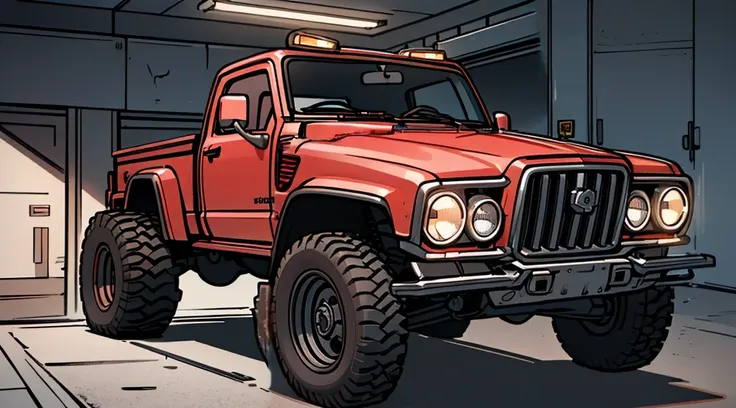 ((best quality)), ((masterpiece)), highly detailed, 8k, red 6x6 heavy pickup truck, red dirty matte paint, boxy angles, boxy 80s...