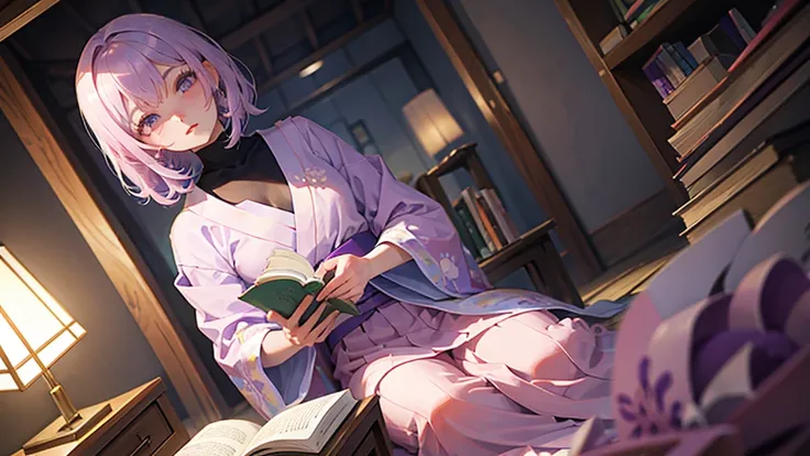 woman　clear　Light purple hair　　kimono　　Anime Style　reading　literature　Study
