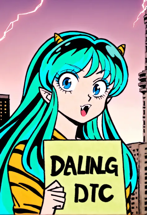 score_9, score_8_up, score_7_up, lum, retro artstyle, 1980s style, blue eyes, eyeshadow, green hair, long hair, horns, bangs, aqua hair, dynamic angle, large round clear aviator glasses, (holding a sign with, text as "DARLING, you idiot!", style_bebas:1.2)...