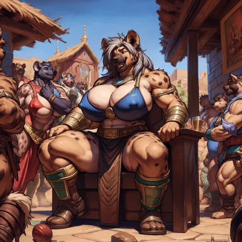 uploaded to e621.net, masterpiece, 8k, hyena woman, gray hair, matriarch, muscular, barbarian outfit, brown leather outfit, beige fur, spots, wooden throne, seated, huge breasts, large areolae, nipple outline, laughing, primitive keep, stone room, treasure...