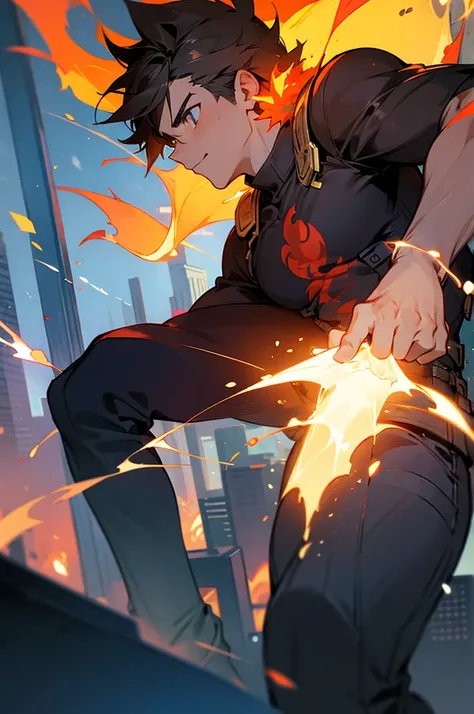 Male ,Hero, City background, Fire