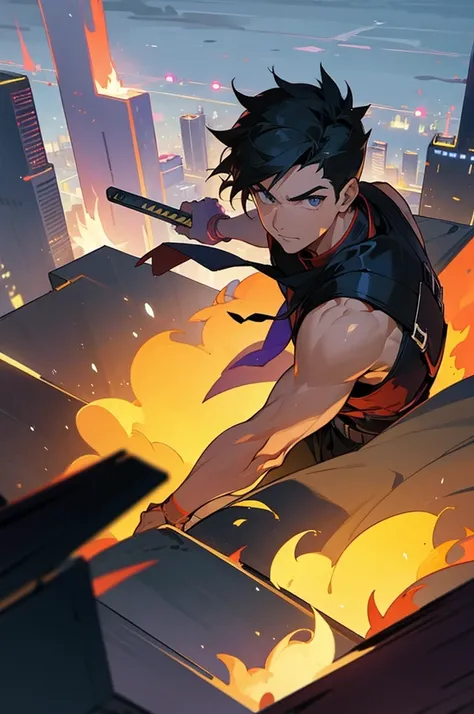 Male ,Hero, City background, Fire