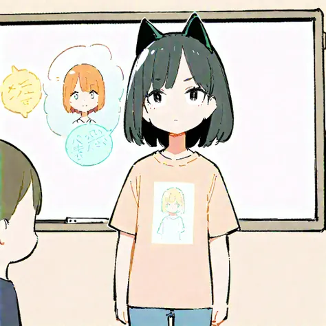 (Thick painting style),Bold line, ((masterpiece,)),(((Highest quality))),(((Explained on the whiteboard,Barely))),((Girls in their 20s)),Short black hair,Black cat ears,T-Shirts,jeans,(((Character Portrait,Full Art))),Messy