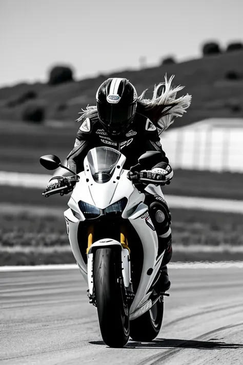 Arafed woman riding a motorcycle on a track black and white silhouette racing honda cbr long hair in wind