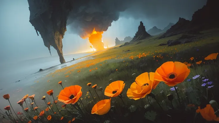 32k, Masterpiece, Highest quality, One girl, Detailed eyes, flower,Iceland Poppy, Orange and yellow style,A dreamy, romantic piece,Pale yellow, Mysterious Leaves,A playful arrangement,Fantasy,High Contrast,Ink strokes,explosion,Exposure, Impression of oran...