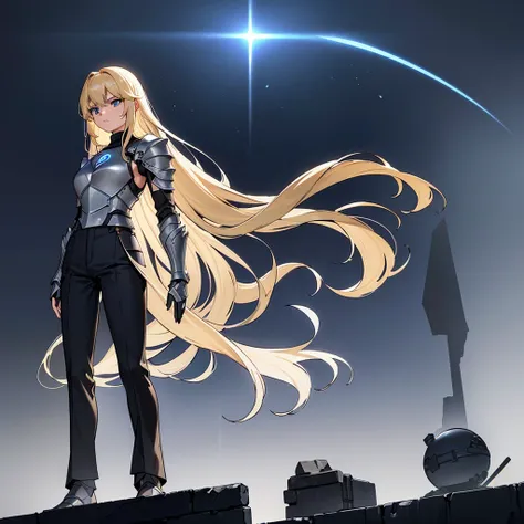 (((Solo)))、(Full body character concept)、Highest quality, Best Quality、(((Gray simple armor、Black trousers))、(woman、18-year-old)、(Blonde、Long Hair)、(Simple Background)、(Expressionless)、(From below)、Glowing blue aura、Intense light、、meteor、Movement angle、(Fr...