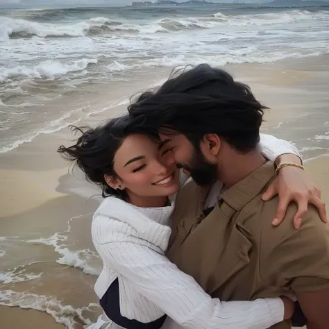 there is a man and woman hugging on the beach, lovely couple, at a beach, couple pose, in love selfie, eyes closed, in the beach, at the beach, on a beach, romantic couple, they are in love, posing on a beach with the ocean, beach pic, at the sea, hugged, ...