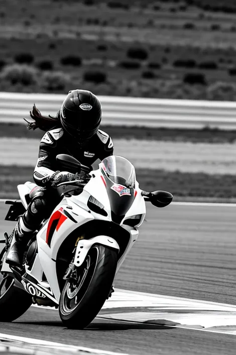 Arafed woman riding a motorcycle on a track black and white silhouette racing honda cbr long hair in wind