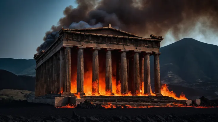 exterior façade of a dark greek temple, brimstone mountains, fire, smoke, lava, volcanos, flaming fields of torment, wildfires, hell, dark night sky, darkness, background