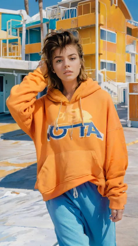 8K, 1girl, beautiful, messy hair, (orange oversize hoodie), oversize_shirt, sweatpants,, close up, look at viewer, (((80s architecture colorful motel))) ,palm trees, blue sky, sunny summer, los angles vibes (photorealistic:1.2), (ultra realistic:1.3), (ver...