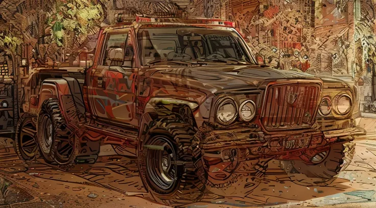 ((Best Quality)), ((masterpiece)), Highly detailed, 8K, red 6x6 heavy pickup truck, red dirty matte paint, boxy angles, boxy 80s design, ((2 pairs of back wheels:1.3)), bright showroom, cel-shaded, line art, bold black outlines, comic style, inkpunk, brigh...