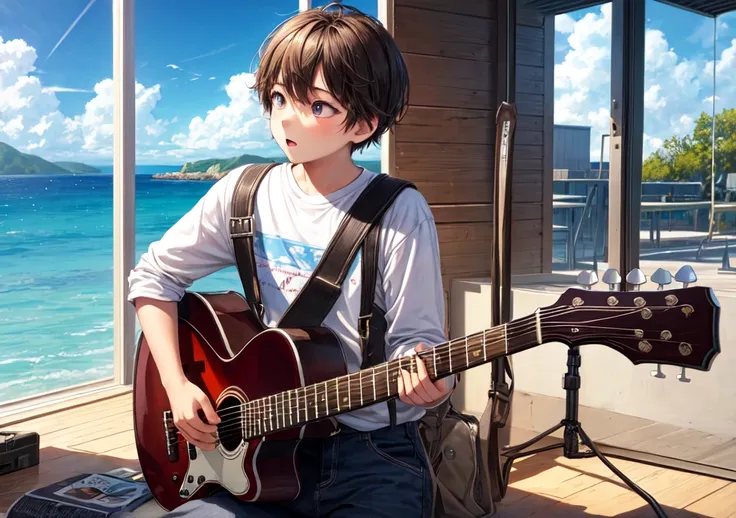 boy playing guitar with view of the sky