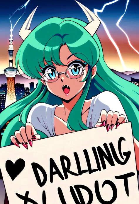 score_9, score_8_up, score_7_up, lum, retro artstyle, 1980s style, blue eyes, eyeshadow, green hair, long hair, horns, bangs, aq...