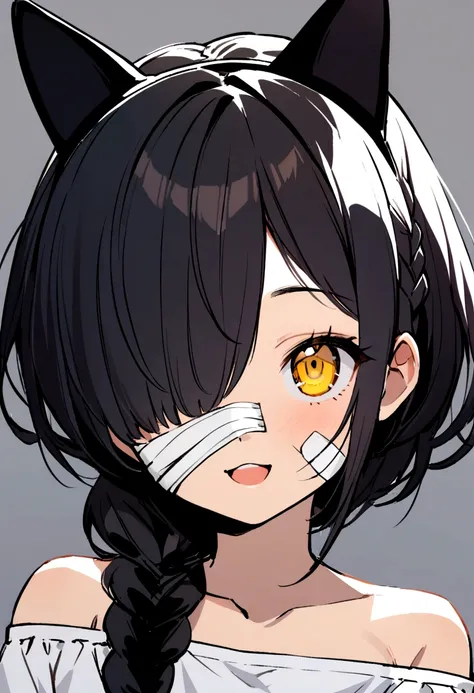 1 girl, Alone, wide, looking at the viewer, black fur, bandage on face, yellow eyes, animal ears, SMILE, bandage on nose, braid, cat ears, bandage, hits, old, fake animal ears, simple background, Open mouth, canine, , bare shoulders, SCAR, teeth, shirt, ba...