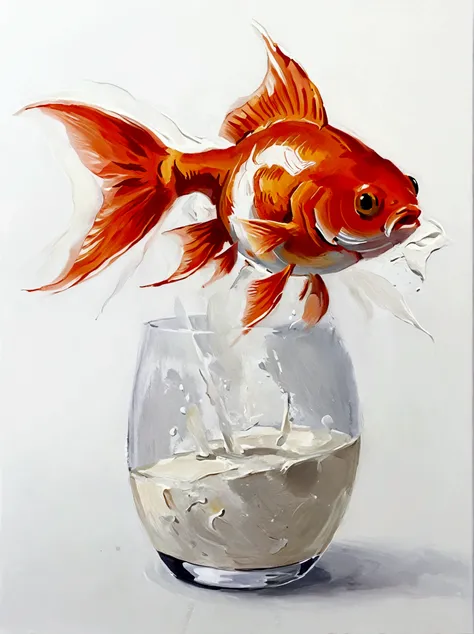 A goldfish，Perfect proportion，symmetry，vanilla，bright，White background，real，emotion，Thick textured paint, 