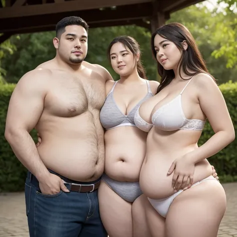 1 man, 1 woman, 186cm 105kg male, Women weighing more than 100kg, Severely obese woman, 초Severely obese woman, A friendly obese man and woman couple, Facing each other, chest and stomach touching, Abdominal exposure, severe abdominal obesity, Women are fat...