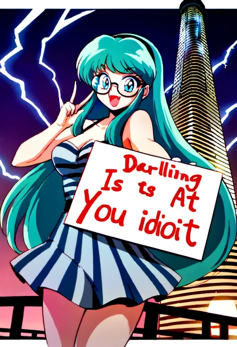 score_9, score_8_up, score_7_up, lum, retro artstyle, 1980s style, blue eyes, eyeshadow, green hair, long hair, bangs, aqua hair, dynamic angle, large round clear aviator glasses, (holding a sign with, text as "DARLING, you idiot!", style_bebas:1.2), looks...