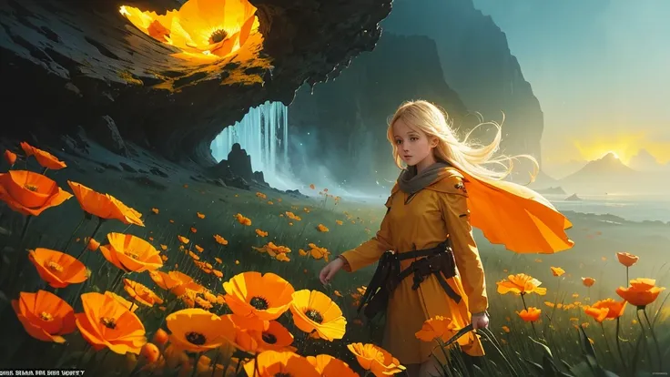 32k, Masterpiece, Highest quality, One girl, Detailed eyes, flower,Iceland Poppy, Orange and yellow style,A dreamy, romantic piece,Pale yellow, Mysterious Leaves,A playful arrangement,Fantasy,High Contrast,Ink strokes,explosion,Exposure, Impression of oran...