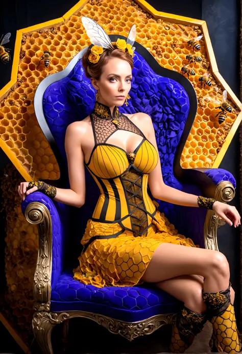 the queen of the bees (lovely woman, regal bee themed dress, ornate honeycomb throne) set within a massive fantasy beehive, she is attended to by many (bee|woman) drones (bee themed body paint)